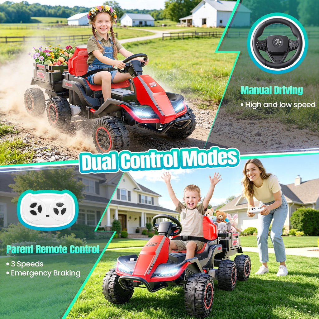 VIBESPARK 24V Ride on Toys with Remote Control, 3 in 1 Ride on Car, Ride on ATV for Kids with Trailer, 6 Wheel Kids Electric Car w/ Bluetooth, MP3, Music, Black