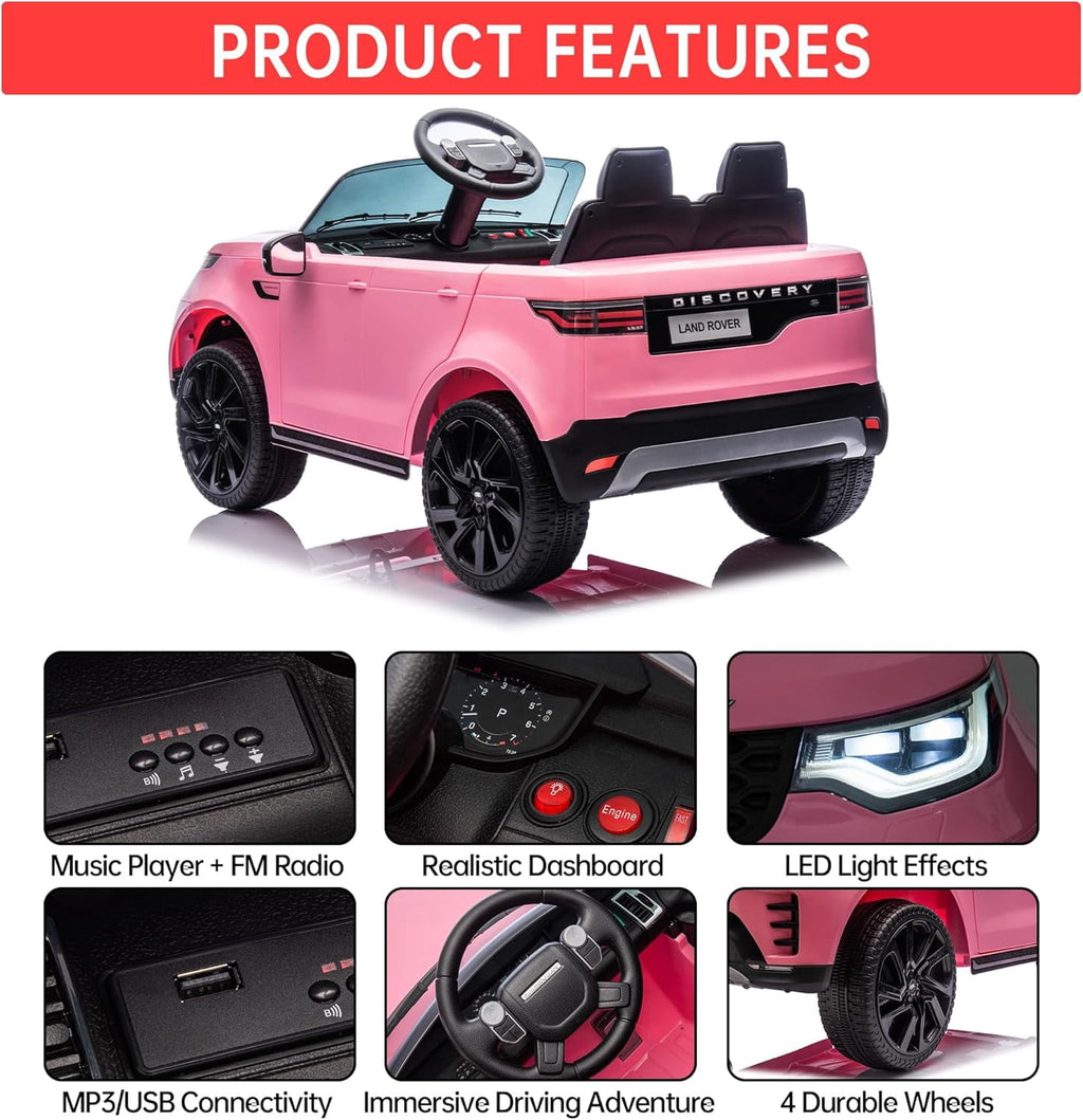12V Licensed Land Rover 2-Seater Ride On Vehicle with Parent Remote Control, Double Doors, LED Lights, Manual Driving, Rechargeable Battery Powered Electric Ride On Car,Pink