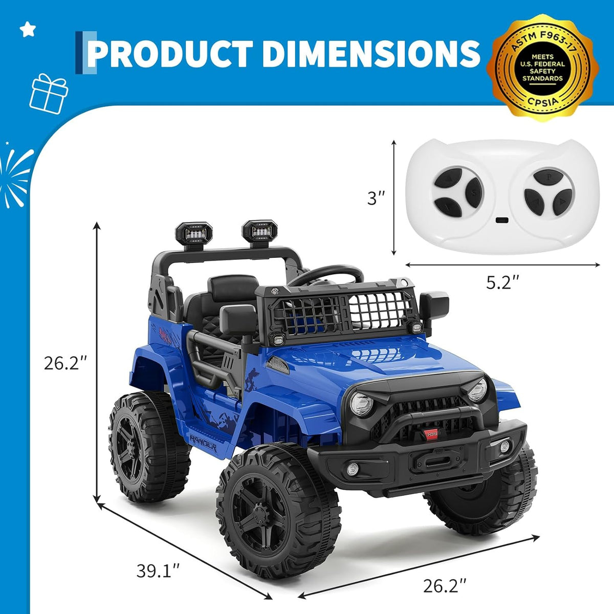 12V Electric Ride On Car with Remote Control, Off Road Ride On Vehicle with Bluetooth, LED Lights, Spring Suspension, Adjustable Seat Belt, All Terrain Tires, 61 lbs Capacity