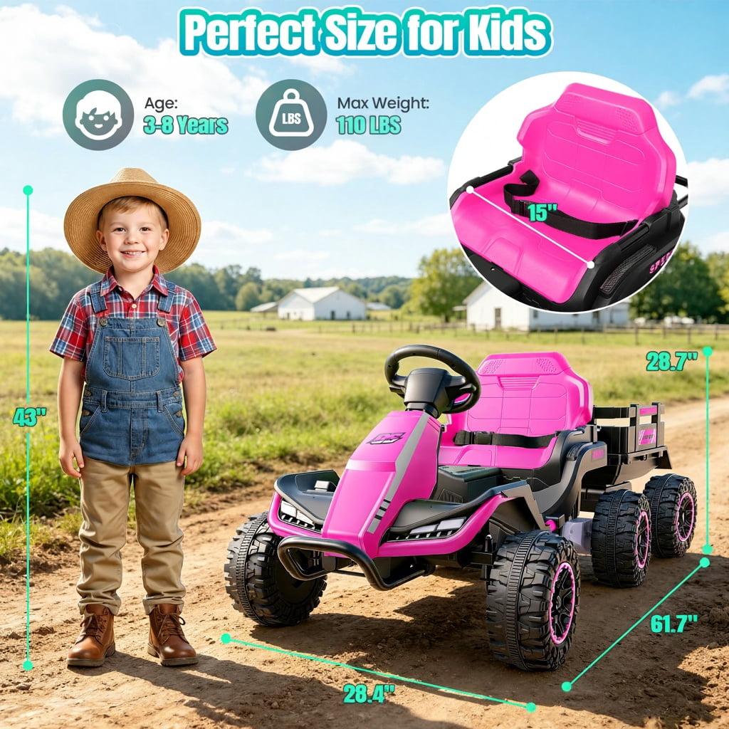 VIBESPARK 24V Ride on Toys with Remote Control, 3 in 1 Ride on Car, Ride on ATV for Kids with Trailer, 6 Wheel Kids Electric Car w/ Bluetooth, MP3, Music, Black