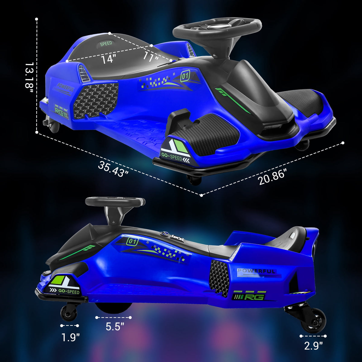 Ride On Drift Kart, Go Kart, Electric Go Kart 24V Drift Kart - 180W Brushless Motor, 7.5 mph Variable Speed, LED Light, Soft Start Battery Powered for Kids 8-12