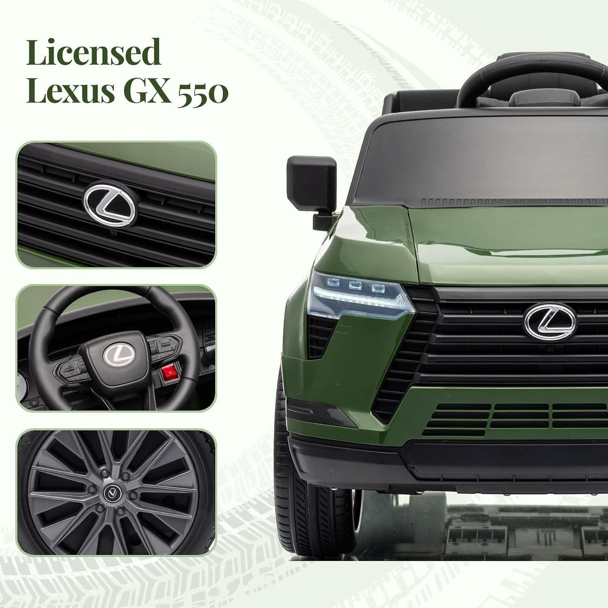 Officially Licensed Lexus GX550 12V Electric Ride-On Car with Parent Remote Control, Dual Motors, 4-Wheel Suspension, LED Lights, Music & Stories, Lockable Doors, Seat Belt, Ages 3-8,Green