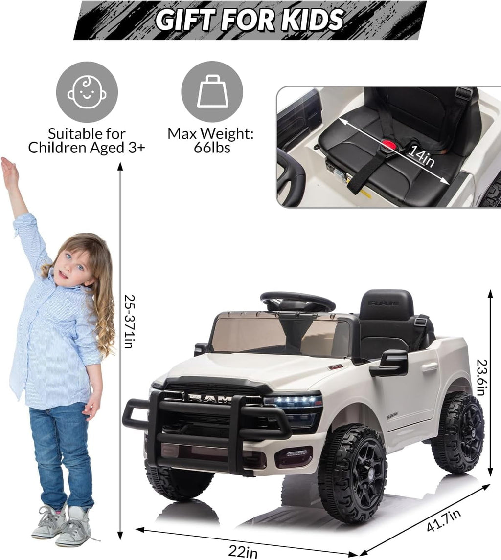 12V Licensed RAM Ride-On Pickup Truck, Electric Ride-On Car with Remote Control, 4-Wheel Suspension, Double Doors, LED Lights, Music, USB & AUX