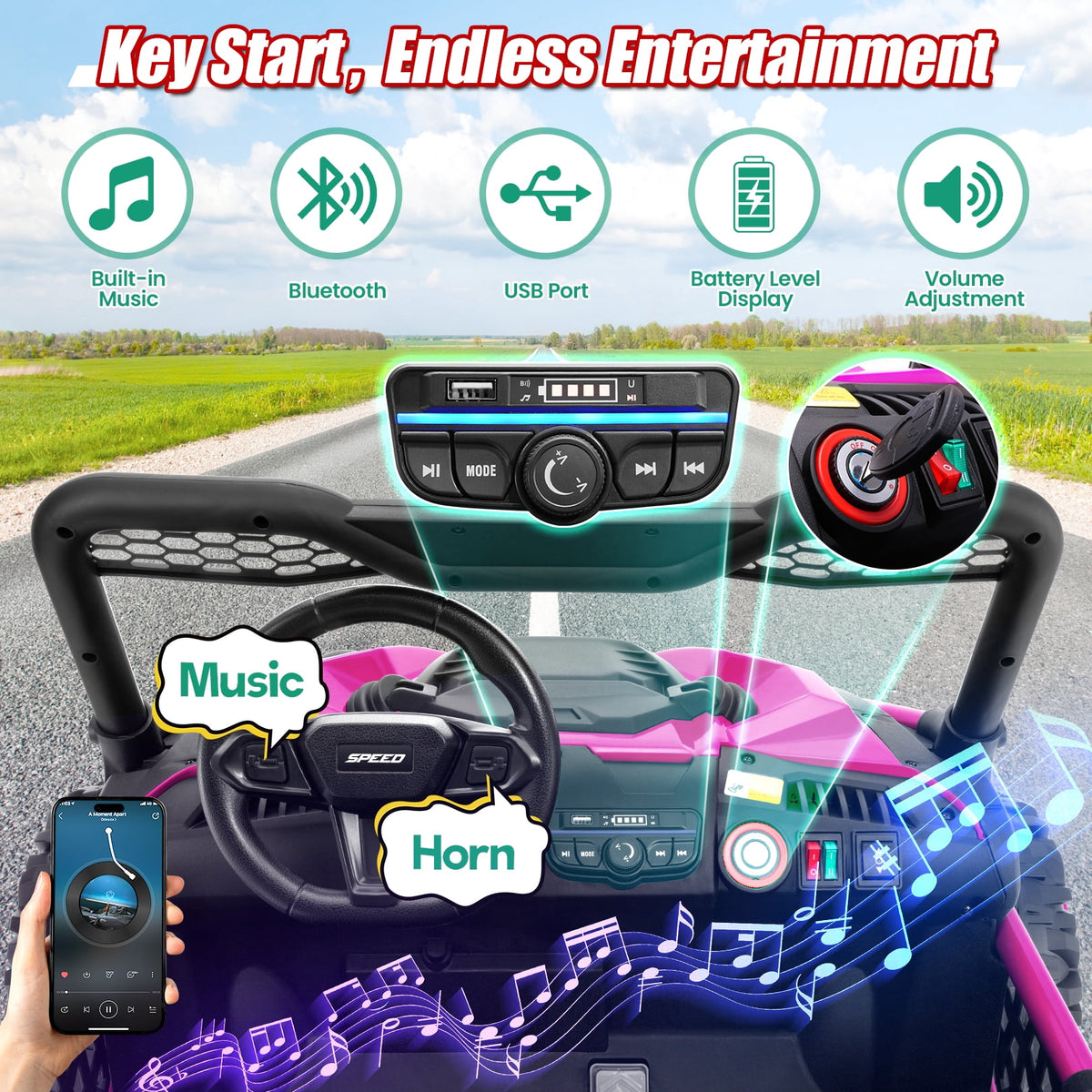 Funcid Metal Frame 24 Volt Ride on Toys, 2-Seater Ride on Cars with Remote Control, Electric Car for Kids, Power UTV Wheels with Key Start, Storage Bag, Bluetooth, Music, Spring Suspension, Pink