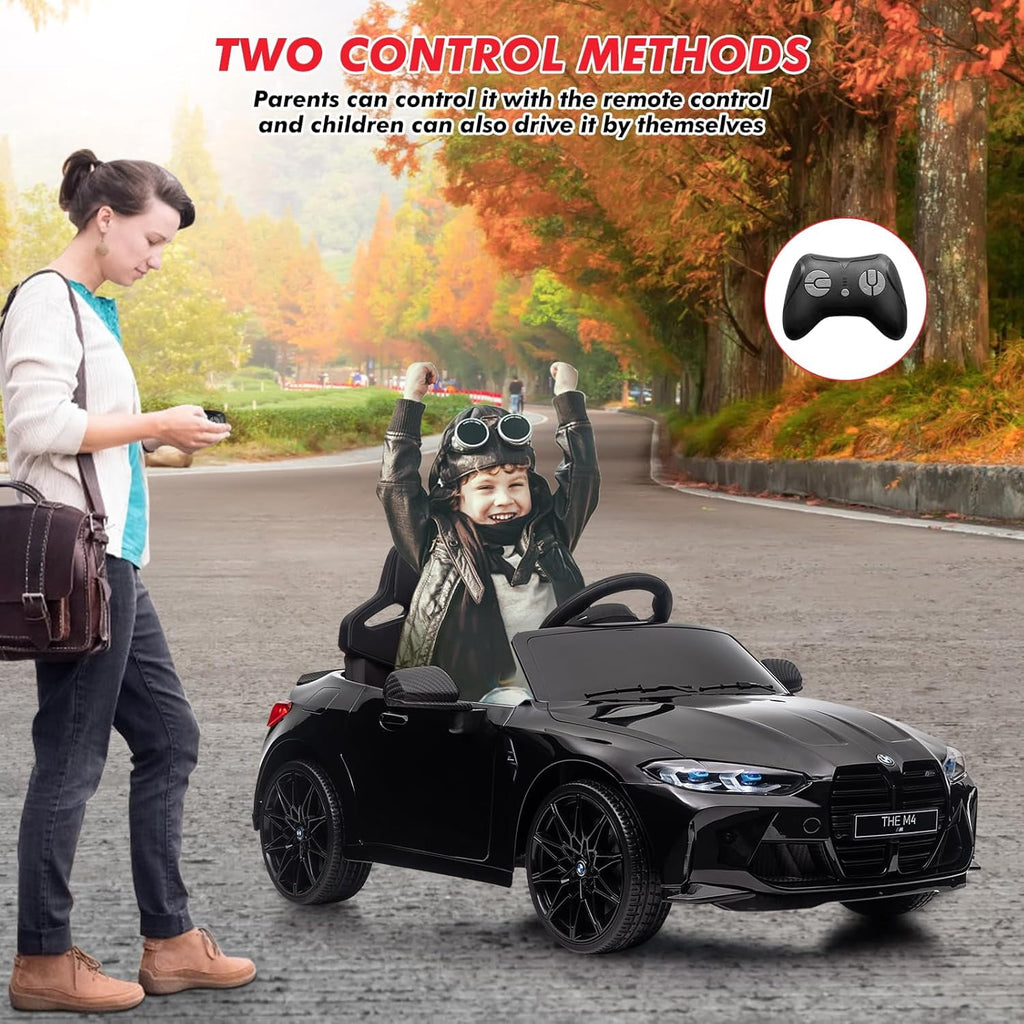 12V Licensed BMW M4 Ride-On Electric Car with Remote Control, 3 Speeds, LED Lights, Music, USB, Adjustable Seat Belt