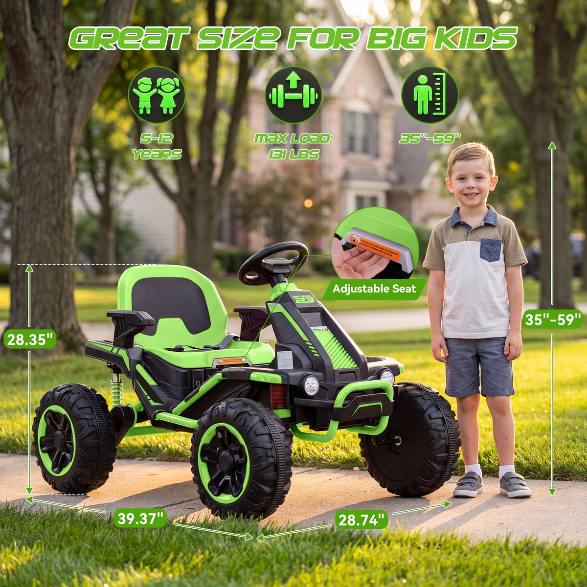 VIBESPARK 36V Ride on Toys for Big Kids Ages 6-12, 600W Ride on Cars up to 5.9 mph, Powerful 4 Wheeler Quad, Ride on ATV W/ Adjustable Seat, Ball-bearing Design, Power Display, Light Control, Green