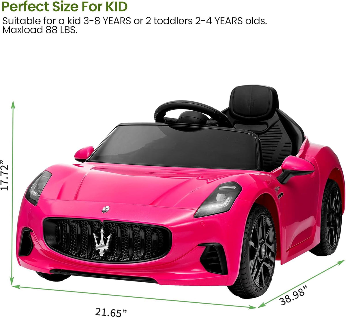 12V Licensed Maserati Ride-On Electric Car, Remote Control, 4.5Ah Battery, LED Lights, Spring Suspension, Double Doors, USB, FM Radio, 2-3 MPH