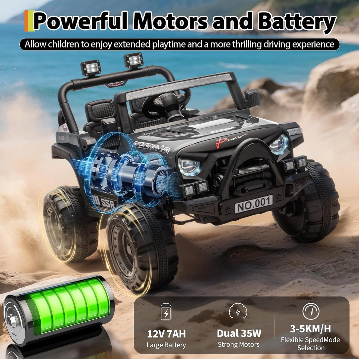 12V Electric Ride-On Truck, 4-Wheel Ride-On Car with Parent Remote Control, Dual 35W Motors, Spring Suspension, 3 Speeds, Bluetooth, LED Lights