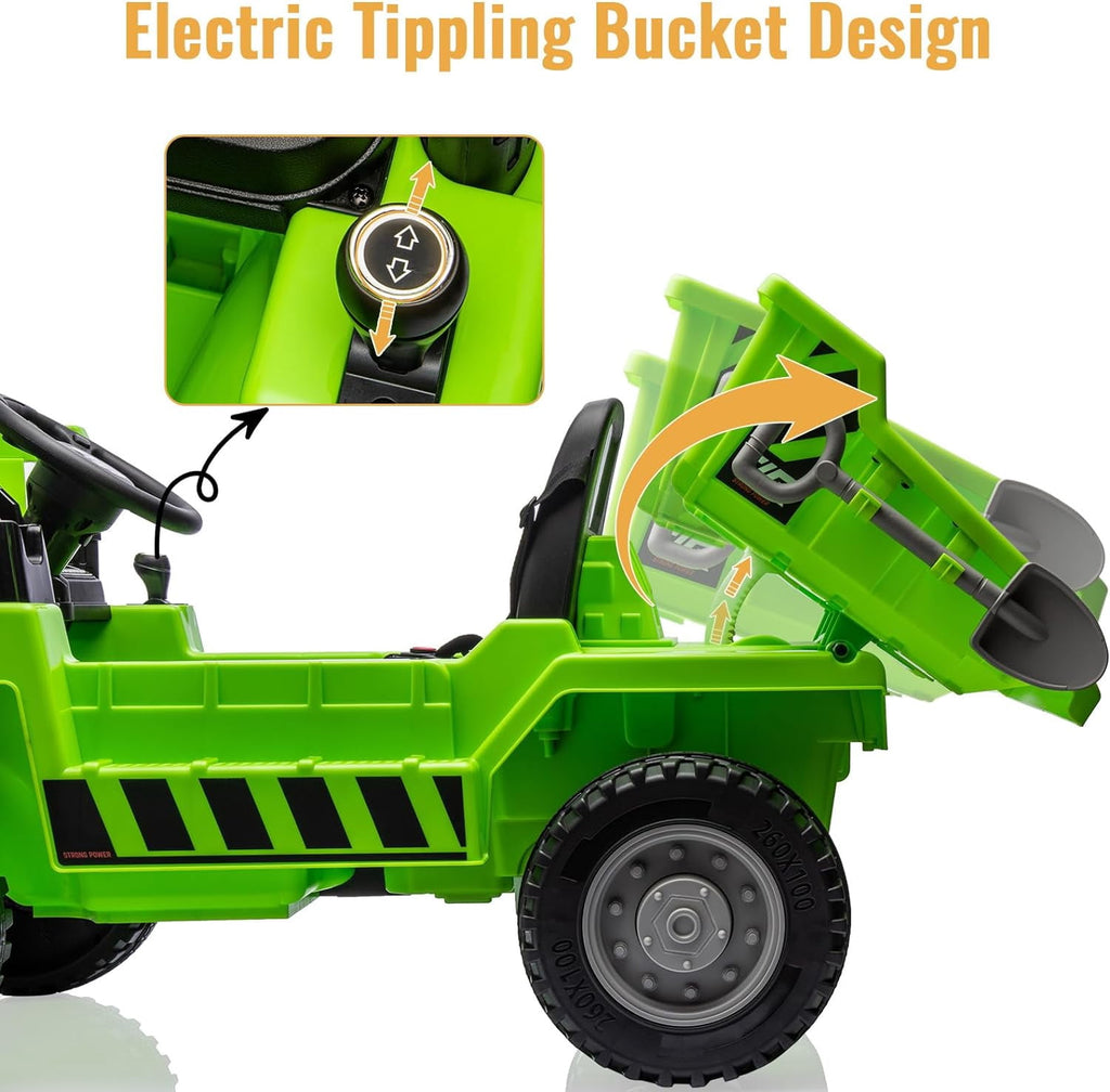 12V Electric Ride-On Dump Truck, Dual 35W Motors, 11 Inch Wear-Resistant Tires, Remote & Manual Dual Modes, Auto Lifting Dump Bed, Bluetooth Music & USB Port, 66 LBS Max Load,Green