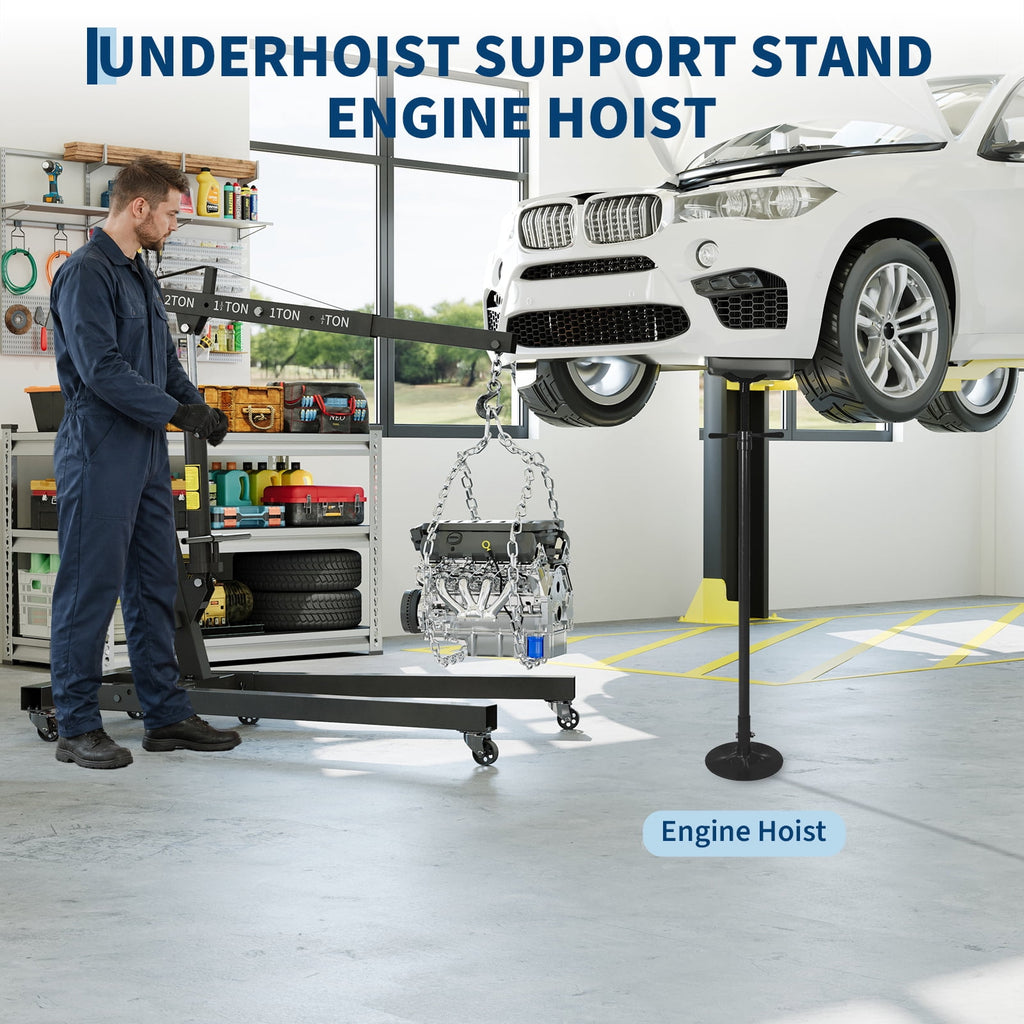 2 Ton Folding Hydraulic Engine Hoist & 3/4 Ton Underhoist Support Stand Set – Heavy Duty Steel Shop Crane, 4-Position Boom, High Reach for Automotive Engine Work, Orange (RAL2004)