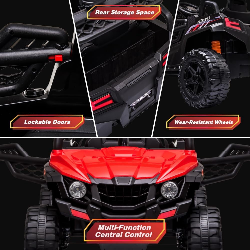 12V Ride-On Electric Car with Trunk, Remote Control, Spring Suspension, Locking Door, 3 Speeds, LED Headlights, Music, USB & AUX, Electric Vehicle for Ages 3+,Red