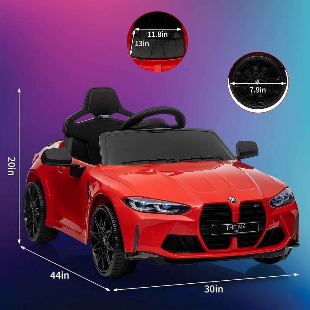 12V Licensed BMW M4 Ride-On Electric Car with Remote Control, 3 Speeds, LED Lights, Music, USB, Adjustable Seat Belt