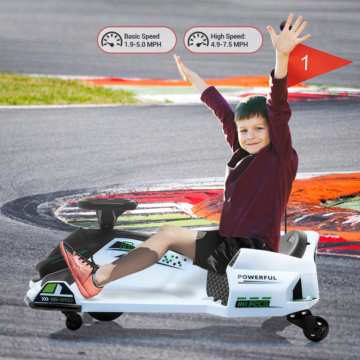 Ride On Drift Kart, Go Kart, Electric Go Kart 24V Drift Kart - 180W Brushless Motor, 7.5 mph Variable Speed, LED Light, Soft Start Battery Powered for Kids 8-12