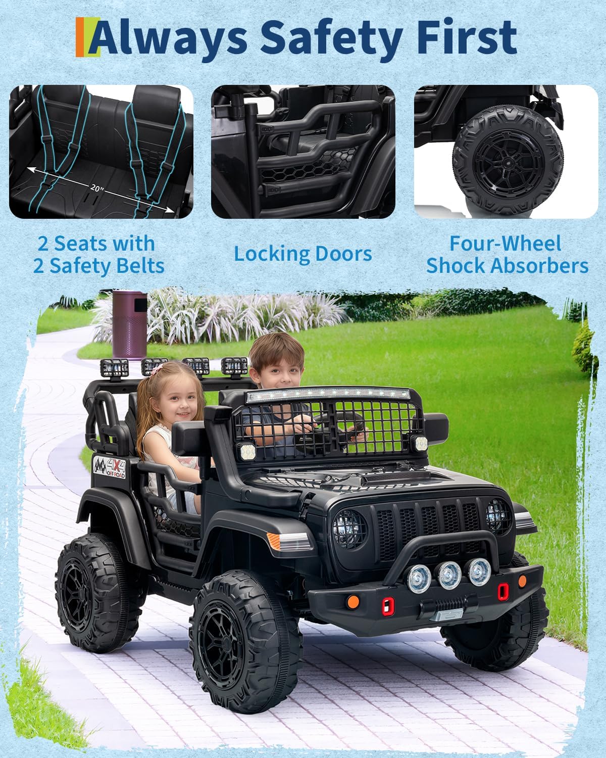 24V 2-Seater Electric Ride-On Car, 2x200W Motors, Parent Remote Control, 4-Wheel Shock Absorbers, 1.8-4 MPH, Bluetooth, LED Lights, 132 Lbs