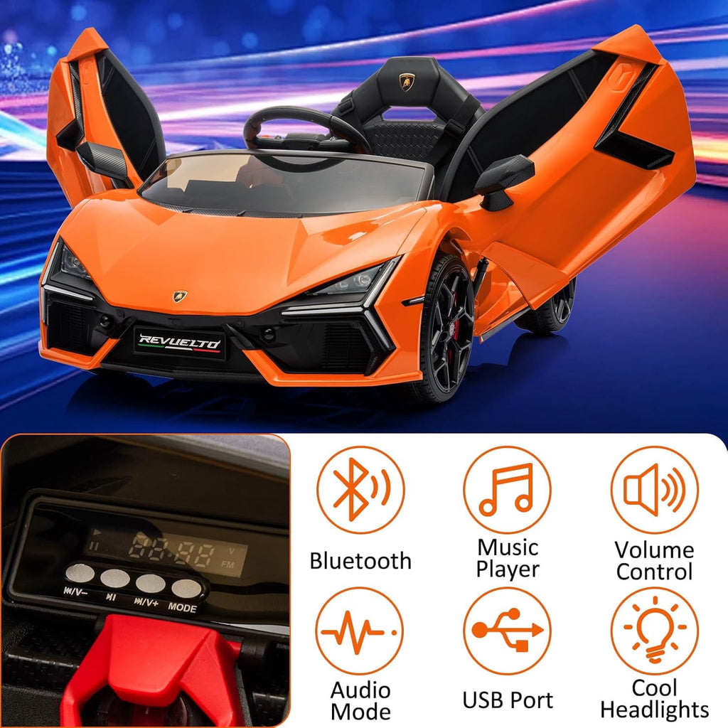 12V Licensed Lamborghini Revuelto Ride-On Electric Sports Car, Dual 25W Motors, Remote Control, Bluetooth, LED Headlights, Music, 1-2 MPH