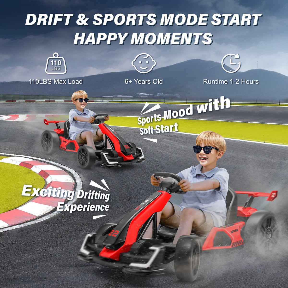 Funcid 24V 7AH Go Kart for Kids, 300W Powered Ride on Toys for 6+, Racing Go Kart with Drift/Sport Mode for Outdoor, Speed 4-8MPH, 110lbs Max Load