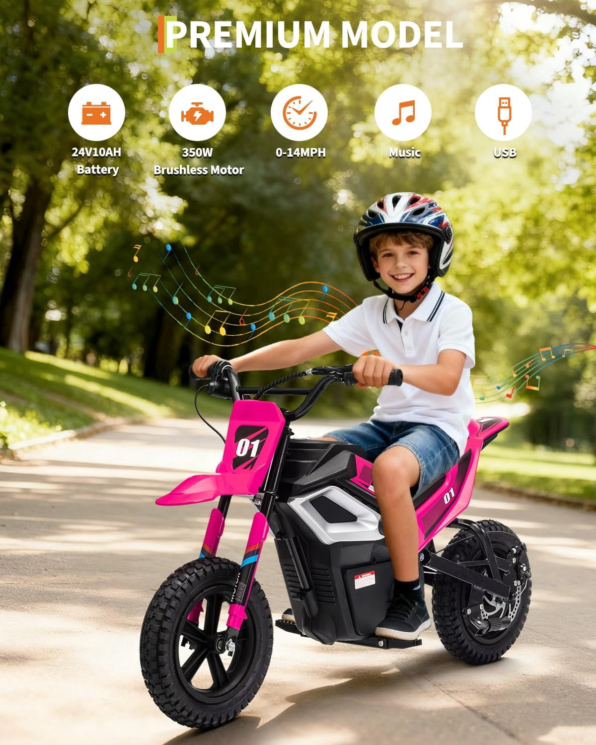 Fectiontool 24V Electric Ride-On Motorcycle, 350W Motor, 24V 7Ah Rechargeable Battery, Battery Powered Ride-On Bike, Energy-Efficient Charger Included,Rose red