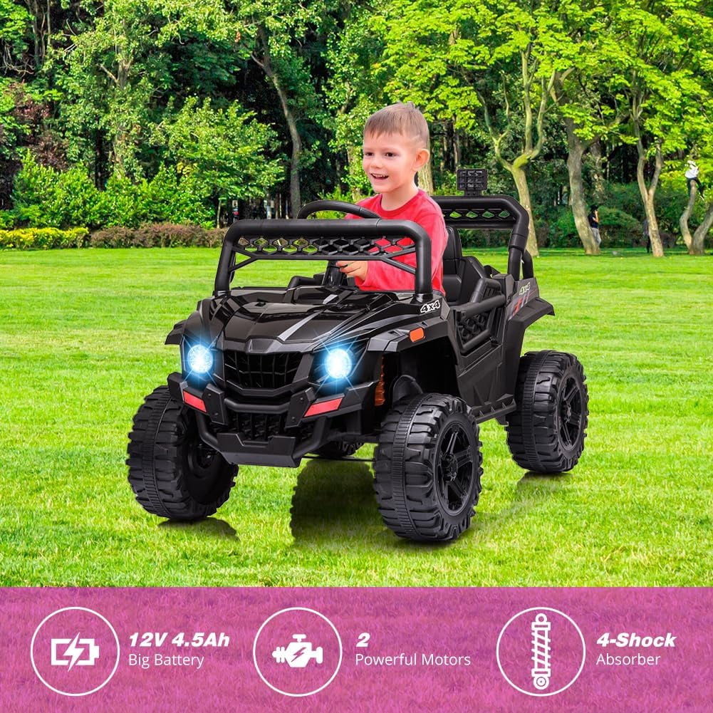 12V Ride-On Electric Car with Trunk, Remote Control, Spring Suspension, Locking Door, 3 Speeds, LED Headlights, Music, USB & AUX, Electric Vehicle for Ages 3+,Black