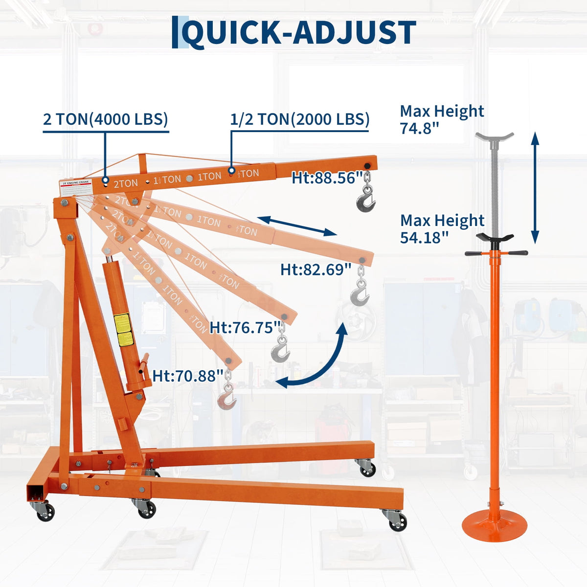 2 Ton Folding Hydraulic Engine Hoist & 3/4 Ton Underhoist Support Stand Set – Heavy Duty Steel Shop Crane, 4-Position Boom, High Reach for Automotive Engine Work, Orange (RAL2004)
