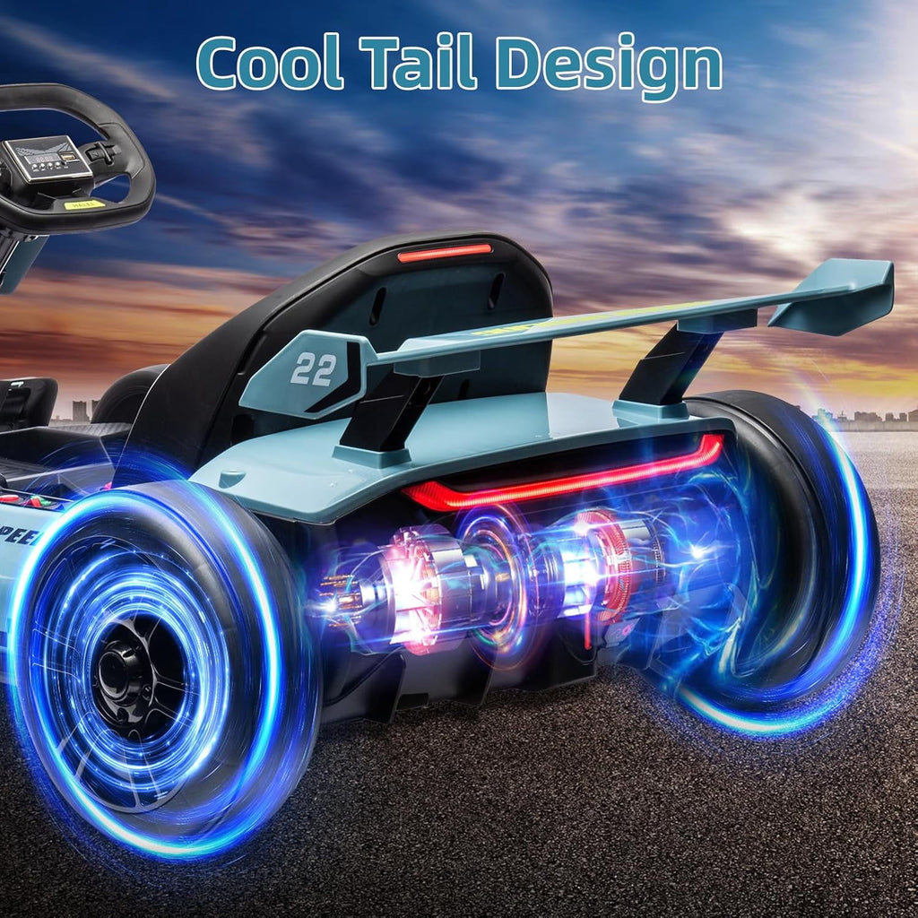 24V Electric Drift Go Kart, Dual 300W Motor Racing Car with Drift & Sport Modes, Adjustable Length, LED Lights, EVA Tires, Up to 8.5MPH, Outdoor Ride On Racing Kart,Blue