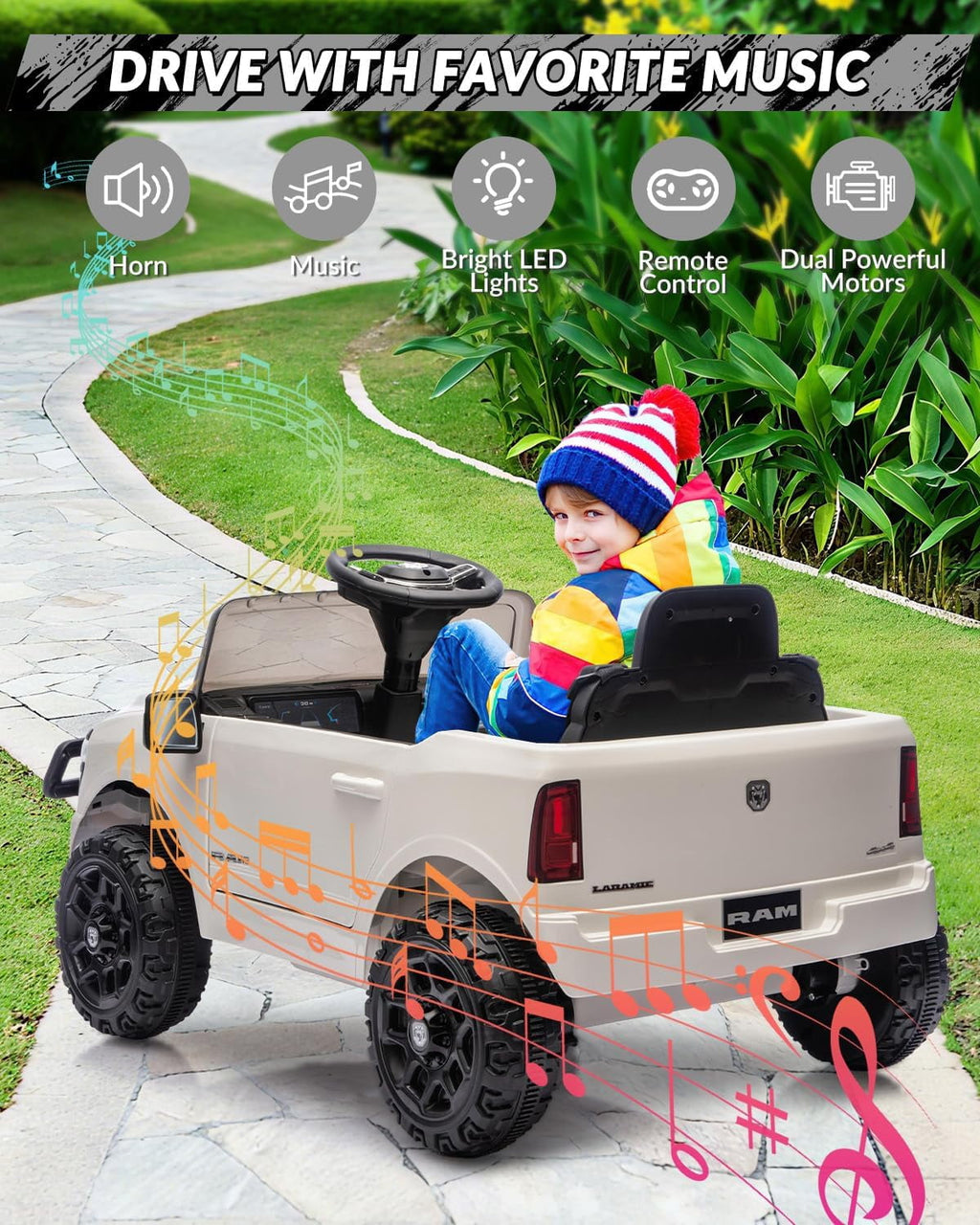 12V Licensed RAM Ride-On Pickup Truck, Electric Ride-On Car with Remote Control, 4-Wheel Suspension, Double Doors, LED Lights, Music, USB & AUX