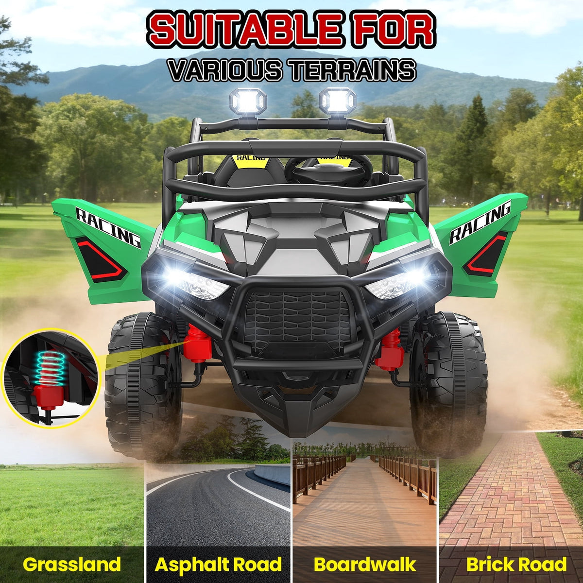 VIBESPARK 24 Volt 2 Seater Ride on Toys for Kids, Powered Ride on Cars with Remote Control, Electric UTV Car for 3-8 Boys Girls Gift w/ Bluetooth, LED Light, Music, Green