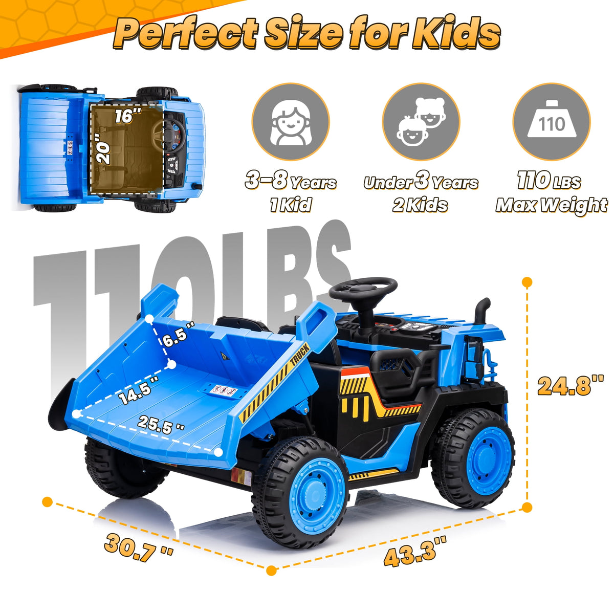 Funride 24V Ride on Toys 2 Seater Ride on Dump Truck w/ Remote Control w/ Dump Bed, 3 Speeds, Shovel, Bluetooth/Music, Big Kids, Yellow