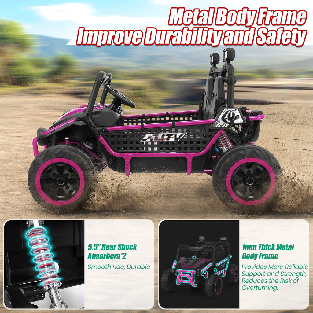 VIBESPARK XXL 24V Ride on Toys for Big Kids Ages 3-8, Key Start Metal Frame UTV with Power Display, 7AH Ride on Cars w/ 150W Motors, Bluetooth, Volume Knob, Safety Belt, Max 5mph, Pink