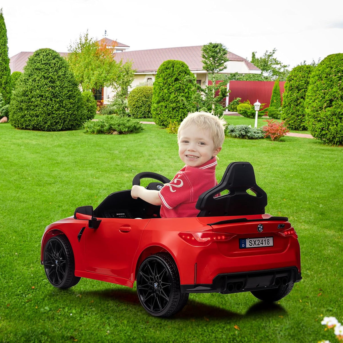 12V Licensed BMW M4 Ride-On Electric Car with Remote Control, 3 Speeds, LED Lights, Music, USB, Adjustable Seat Belt