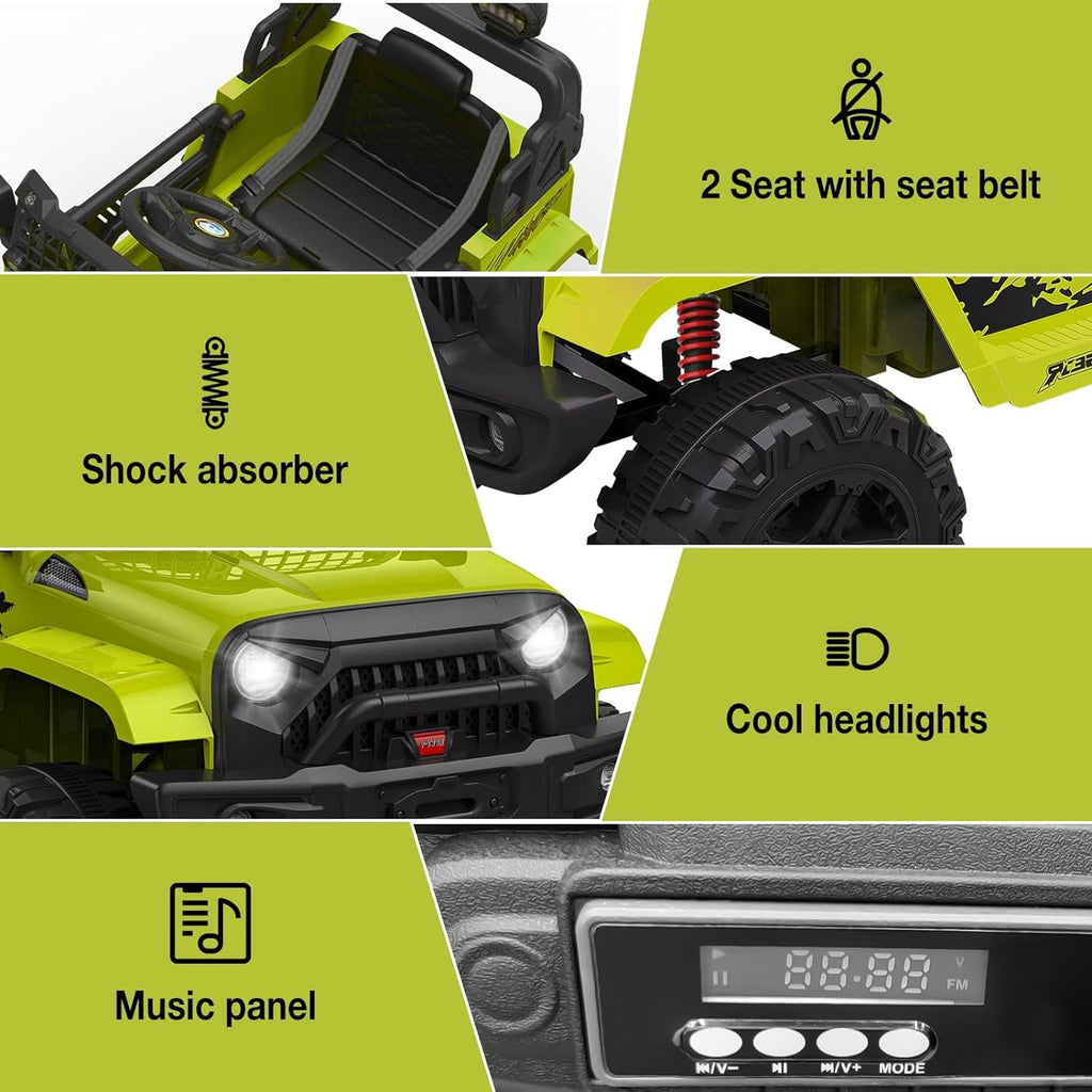 12V Electric Ride On Car with Remote Control, Off Road Ride On Vehicle with Bluetooth, LED Lights, Spring Suspension, Adjustable Seat Belt, All Terrain Tires, 61 lbs Capacity