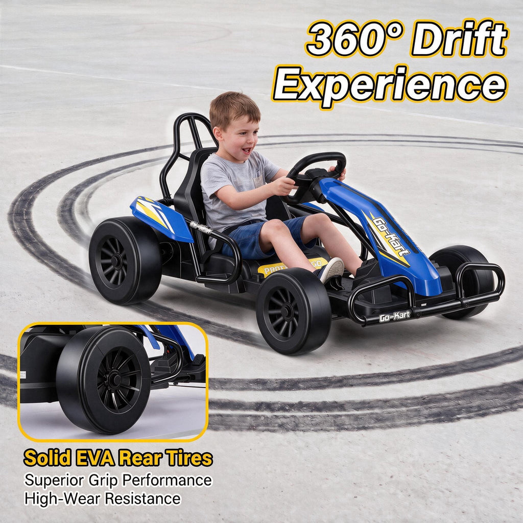 VIBESPARK Drift Go Kart, 24V 10AH Electric Go Kart for Kids Ages 6-14, 360° Drift Mode, Ride On Car with Backrest & Adjustable Seat, 300W Dual Motors, Max Speed 7.5mph/h, Blue