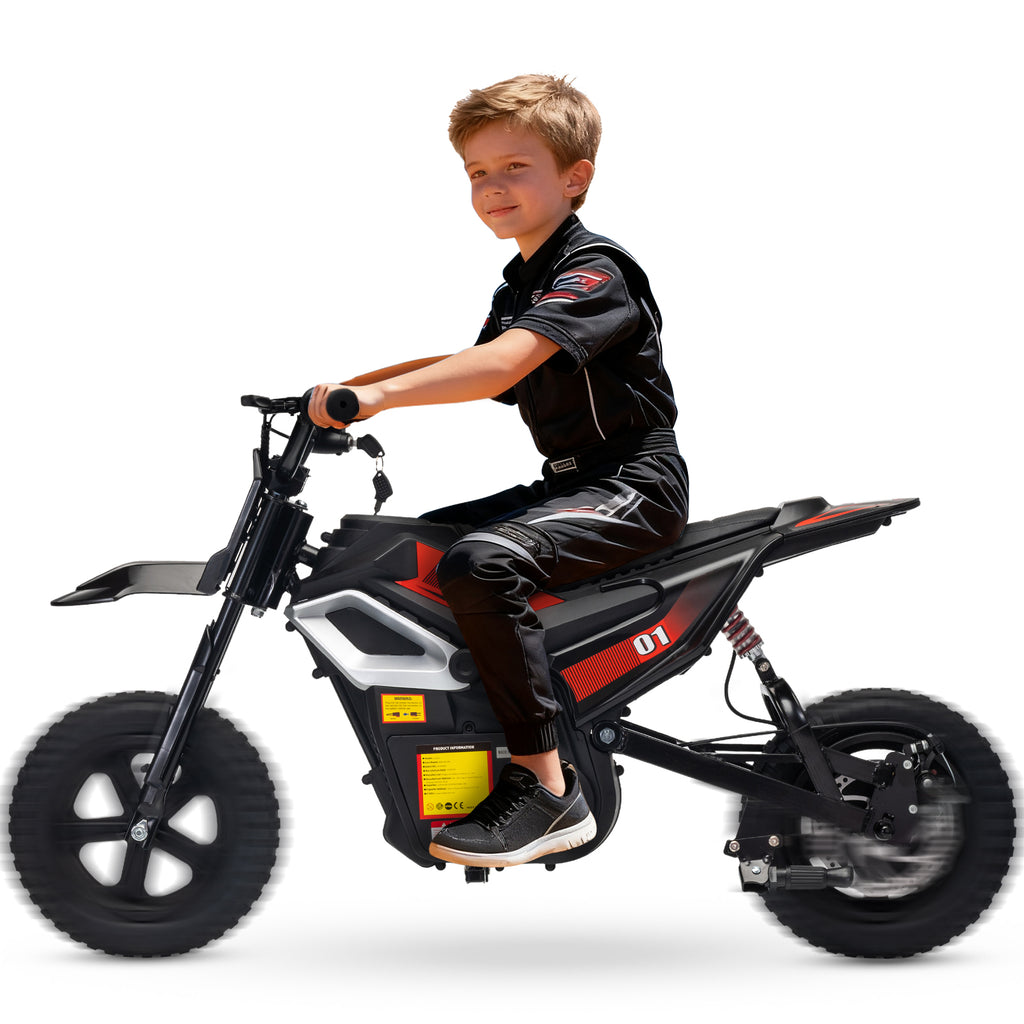 24V Kids Electric Dirt Bike, 350W Battery Powered Motorcycle with 12 Inch Fat Tires Rear Suspension Twist Throttle for Teens