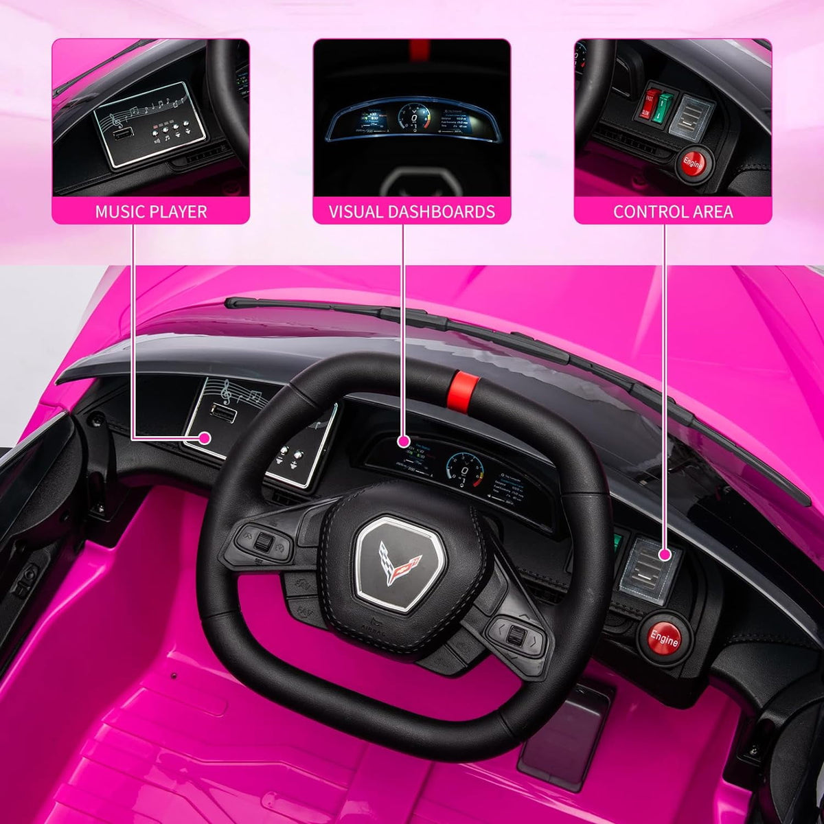 12V Licensed Corvette C8 Ride-On Electric Sports Car, Dual 30W Motors, Remote Control, LED Lights, Music, Openable Doors, 66 lbs