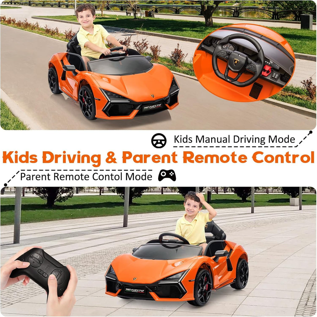12V Licensed Lamborghini Revuelto Ride-On Electric Sports Car, Dual 25W Motors, Remote Control, Bluetooth, LED Headlights, Music, 1-2 MPH
