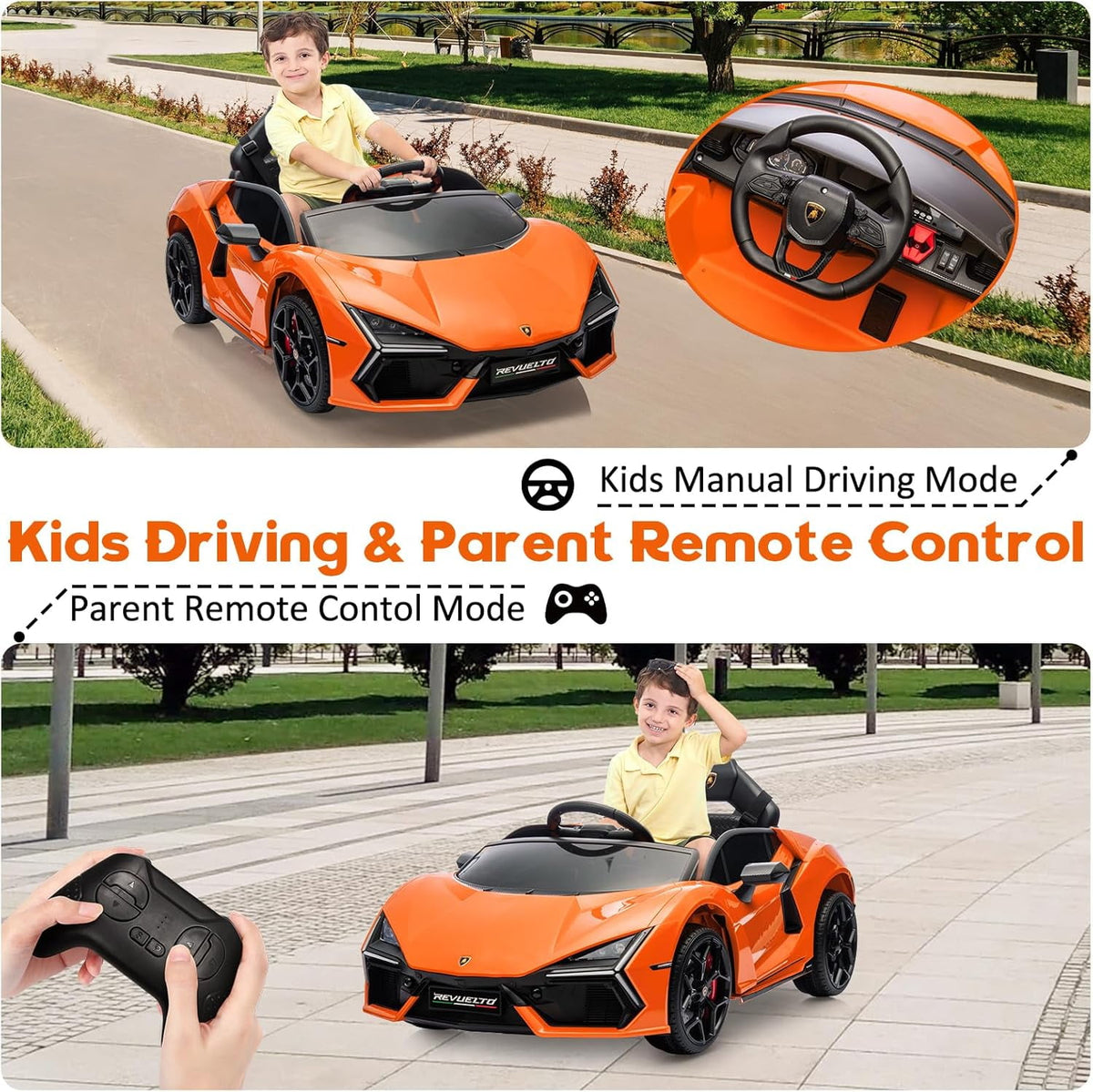 12V Licensed Lamborghini Revuelto Ride-On Electric Sports Car, Dual 25W Motors, Remote Control, Bluetooth, LED Headlights, Music, 1-2 MPH