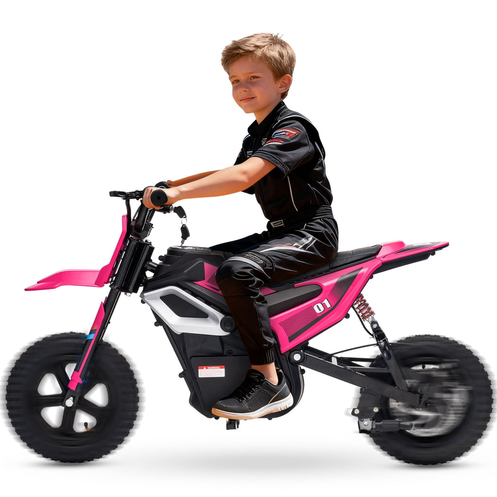 24V 350W Electric Dirt Bike for Kids - 13.7 MPH Max Speed, 12 Mile Range, Rear Suspension, Twist Grip Throttle, Key Start, Hand Brake - Built-in Music & wireless, Ride-On Motorcycle Toy, Red
