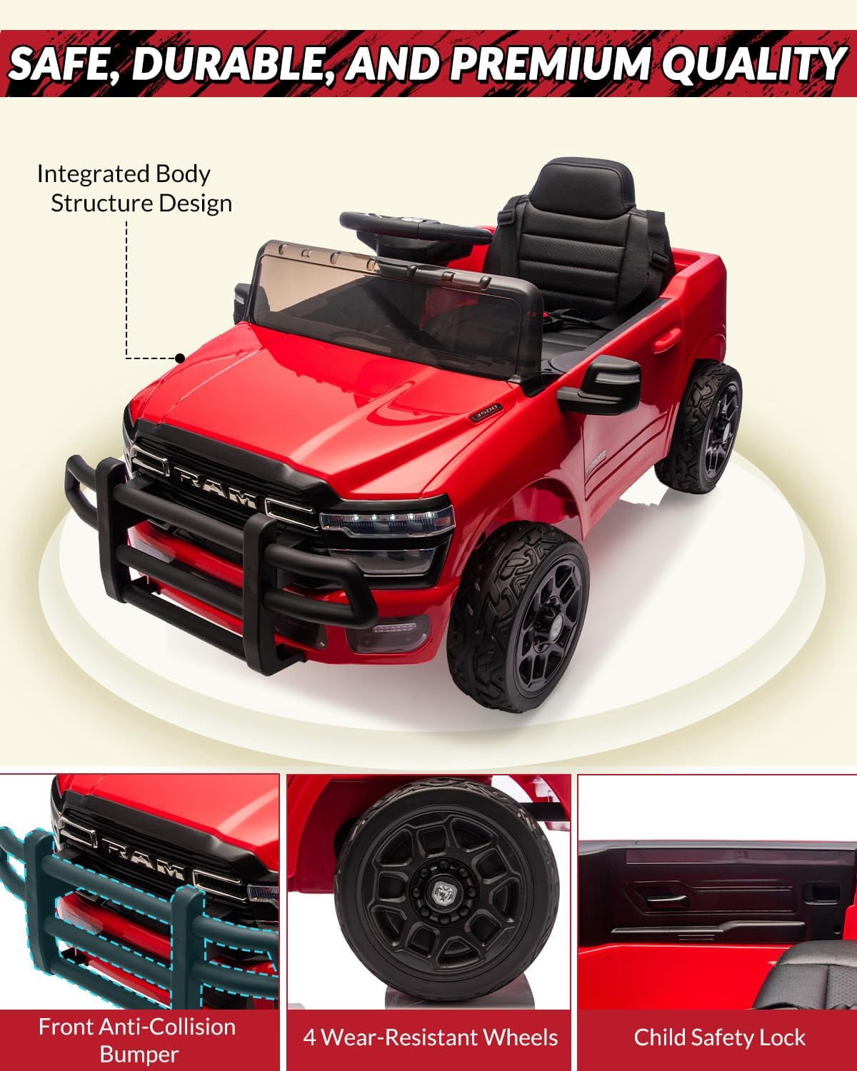 12V Licensed RAM Ride-On Pickup Truck, Electric Ride-On Car with Remote Control, 4-Wheel Suspension, Double Doors, LED Lights, Music, USB & AUX