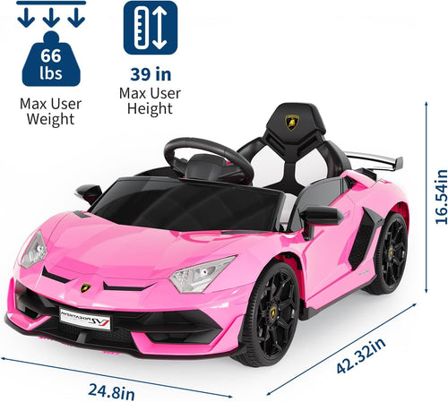 12V Licensed Lamborghini Ride-On Car with Remote Control, LED Lights, Engine Sounds, Bluetooth & USB, Battery Powered Electric Vehicle, Gift Toy for Ages 3-6,Pink