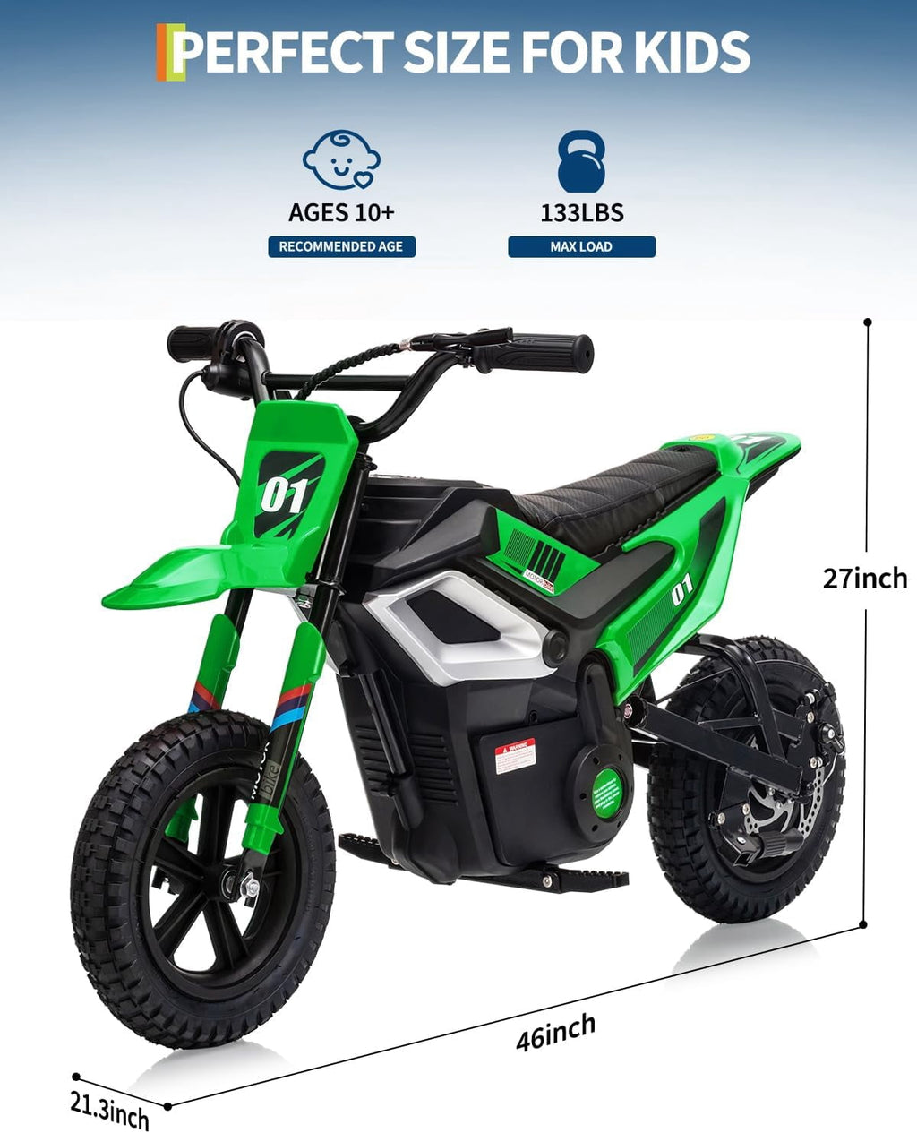Fectiontool 24V Electric Ride-On Motorcycle, 350W Motor, 24V 7Ah Rechargeable Battery, Battery Powered Ride-On Bike, Energy-Efficient Charger Included,Green