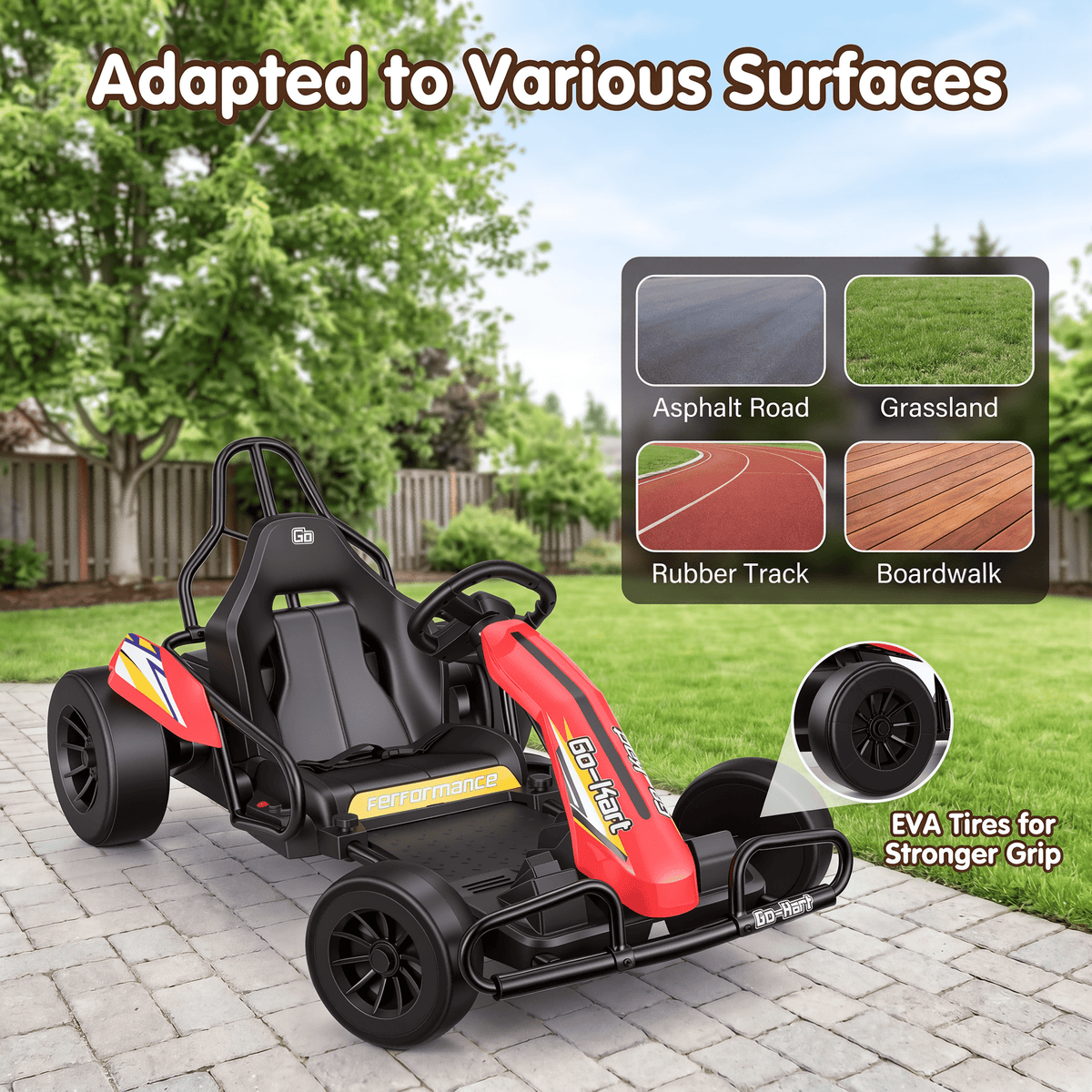 Funcid 24V 10Ah Big Battery Go Kart for Kids Age 6-12, Ride on Toys with 600W Motors, 7.5 MPH Electric Go Kart W/ EVA Wheels, 4-Level Adjustable Seat & 360° Drift Mode, LED Power Display, Red