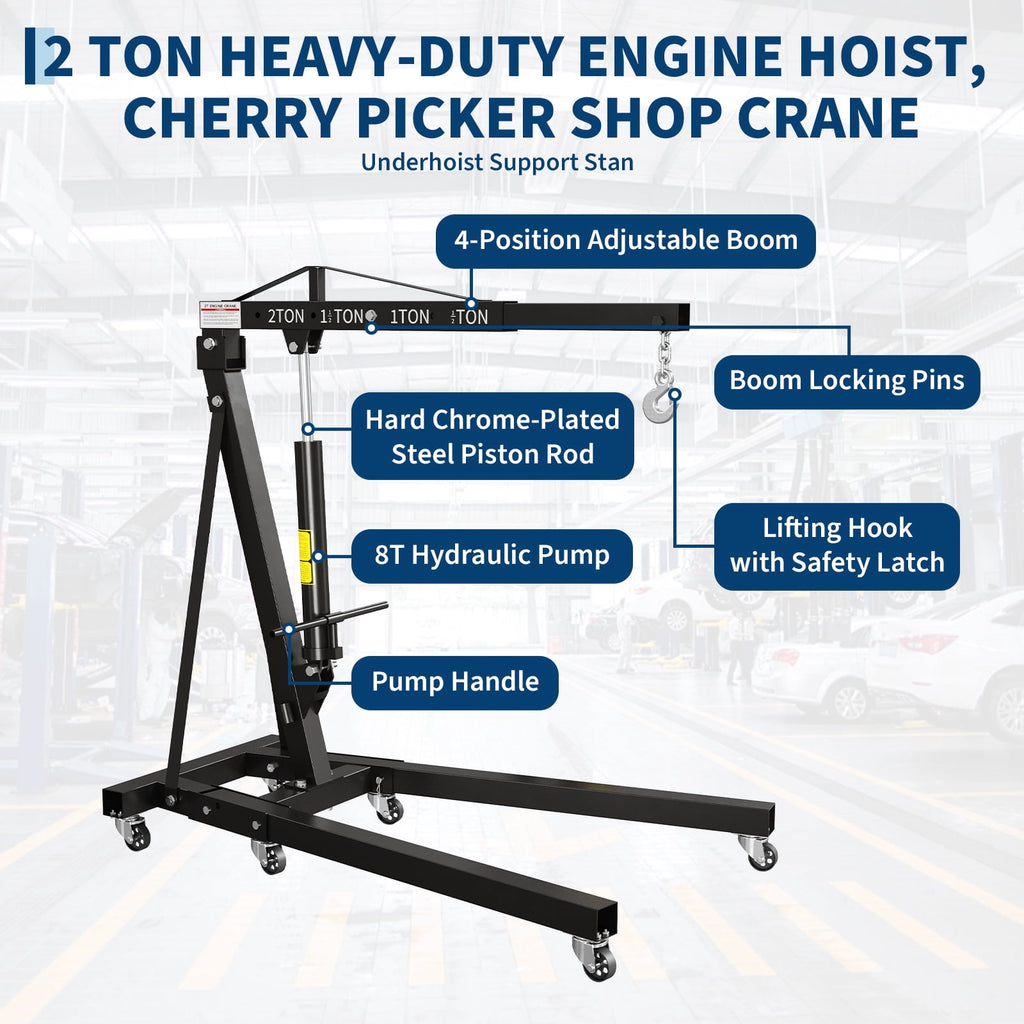 2 Ton Folding Hydraulic Engine Hoist & 3/4 Ton Underhoist Support Stand Set – Heavy Duty Steel Shop Crane, 4-Position Boom, High Reach for Automotive Engine Work, Orange (RAL2004)