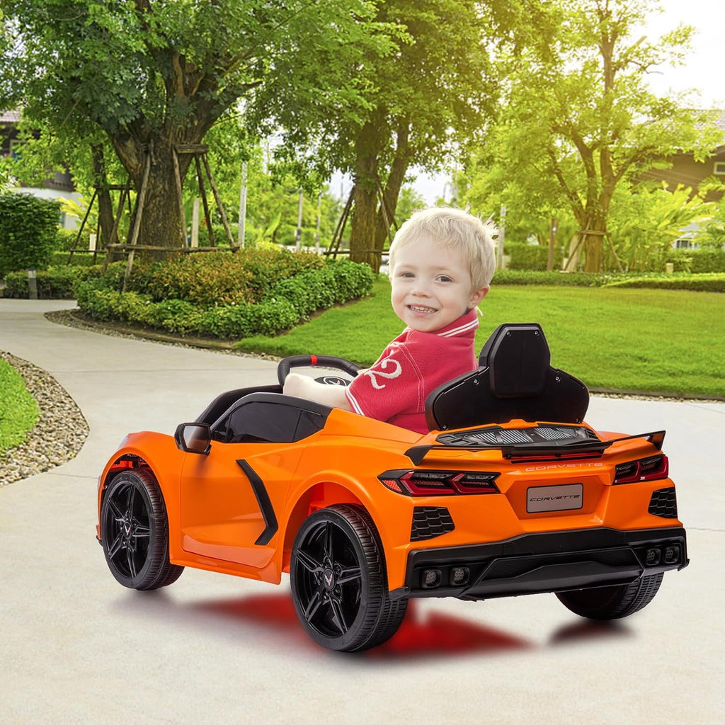 12V Licensed Corvette C8 Ride-On Electric Sports Car, Dual 30W Motors, Remote Control, LED Lights, Music, Openable Doors, 66 lbs