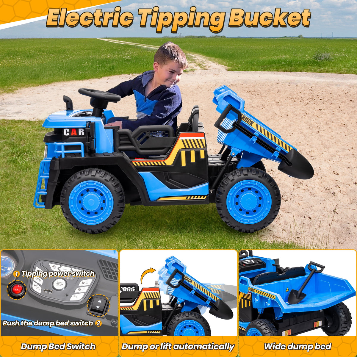 Funride 24V Ride on Toys 2 Seater Ride on Dump Truck w/ Remote Control w/ Dump Bed, 3 Speeds, Shovel, Bluetooth/Music, Big Kids, Yellow