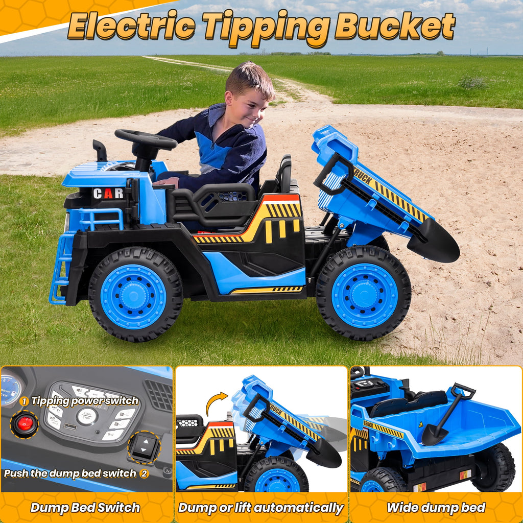 24 Volt Ride on Toys w/ Remote Control, 2*200W Strong Motor, Electric Powered Ride on Dump Truck with Shovel, 3 Speeds, LED Lights, MP3/USB Music, Blue