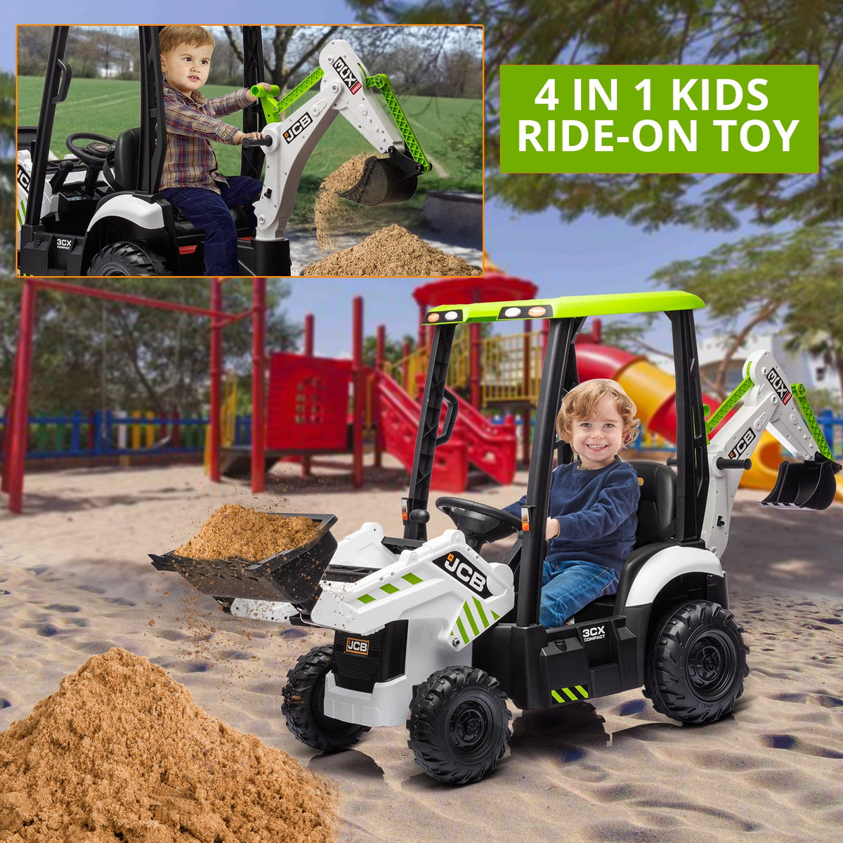 4 in 1 Ride on Excavator & Bulldozer, 12V Kids Electric Vehicle with Remote Control, Front Loader, Digger, Horn, Adjustable Seat, Excavator Ride on Car Toy, White