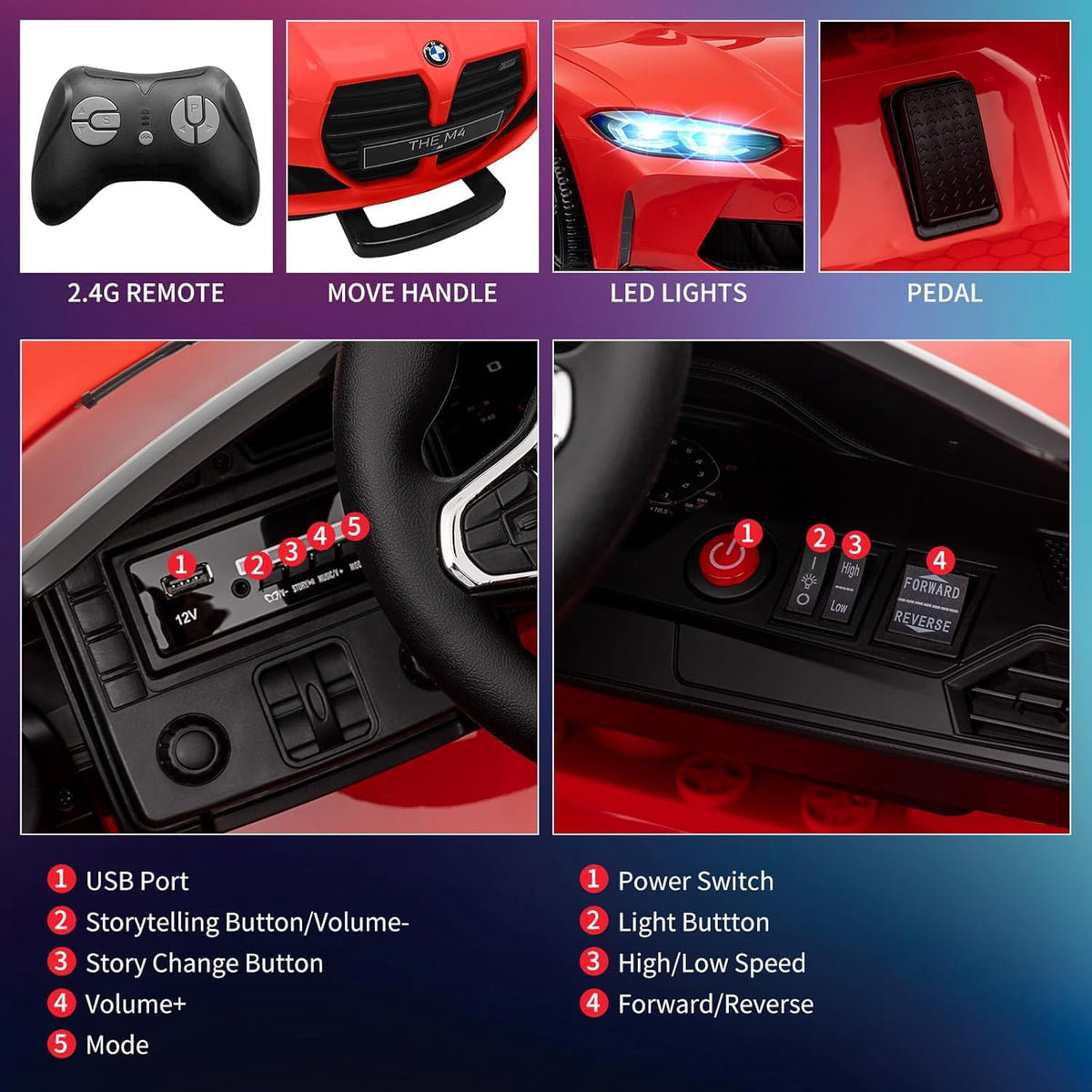 12V Licensed BMW M4 Ride-On Electric Car with Remote Control, 3 Speeds, LED Lights, Music, USB, Adjustable Seat Belt