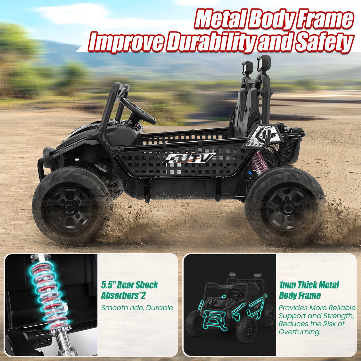 Funcid Metal Frame 24 Volt Ride on Toys, 2-Seater Ride on Cars with Remote Control, Electric Car for Kids, Power UTV Wheels with Key Start, Storage Bag, Bluetooth, Music, Spring Suspension, Pink