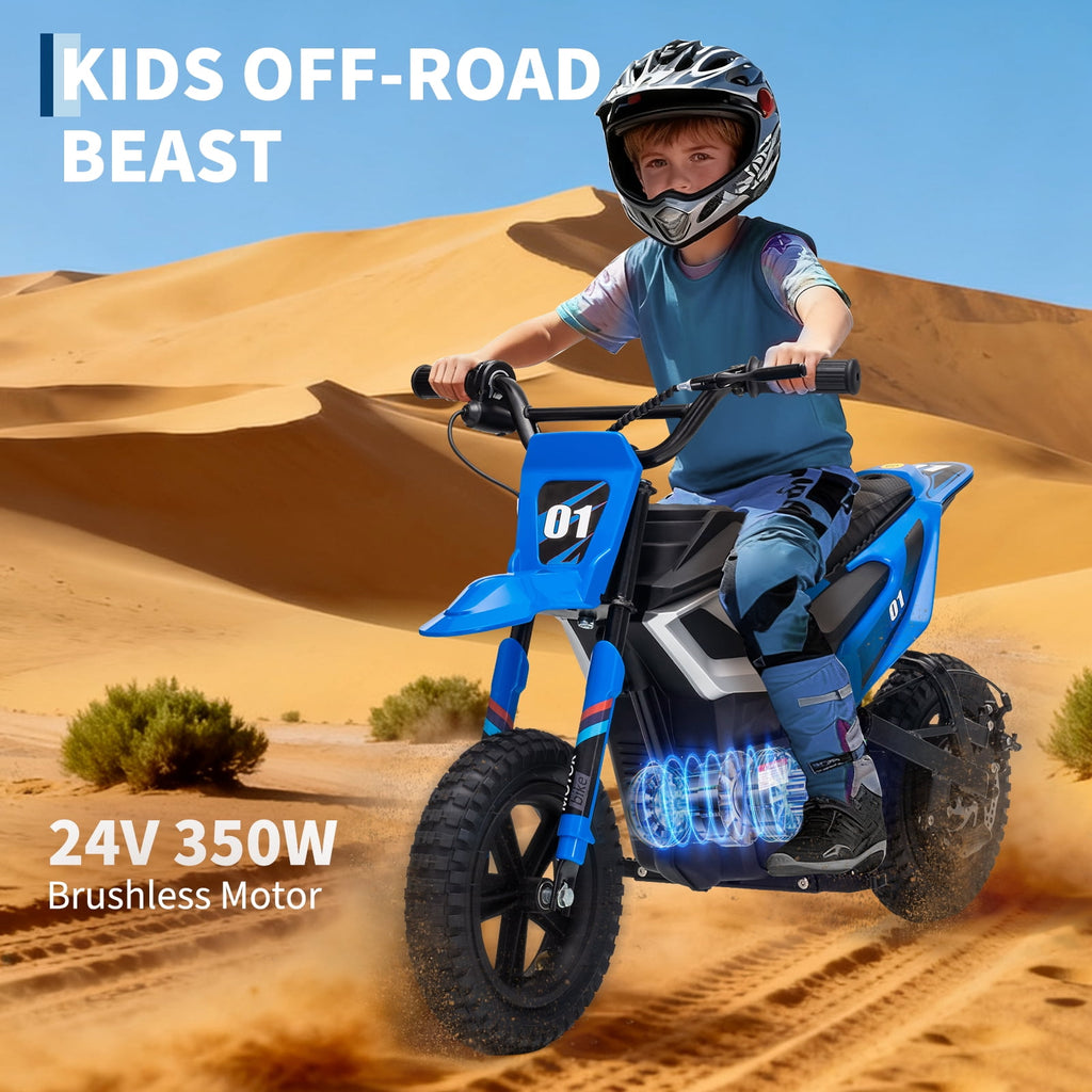24V Kids Electric Dirt Bike, 350W Battery Powered Motorcycle with 12 Inch Fat Tires Rear Suspension Twist Throttle for Teens