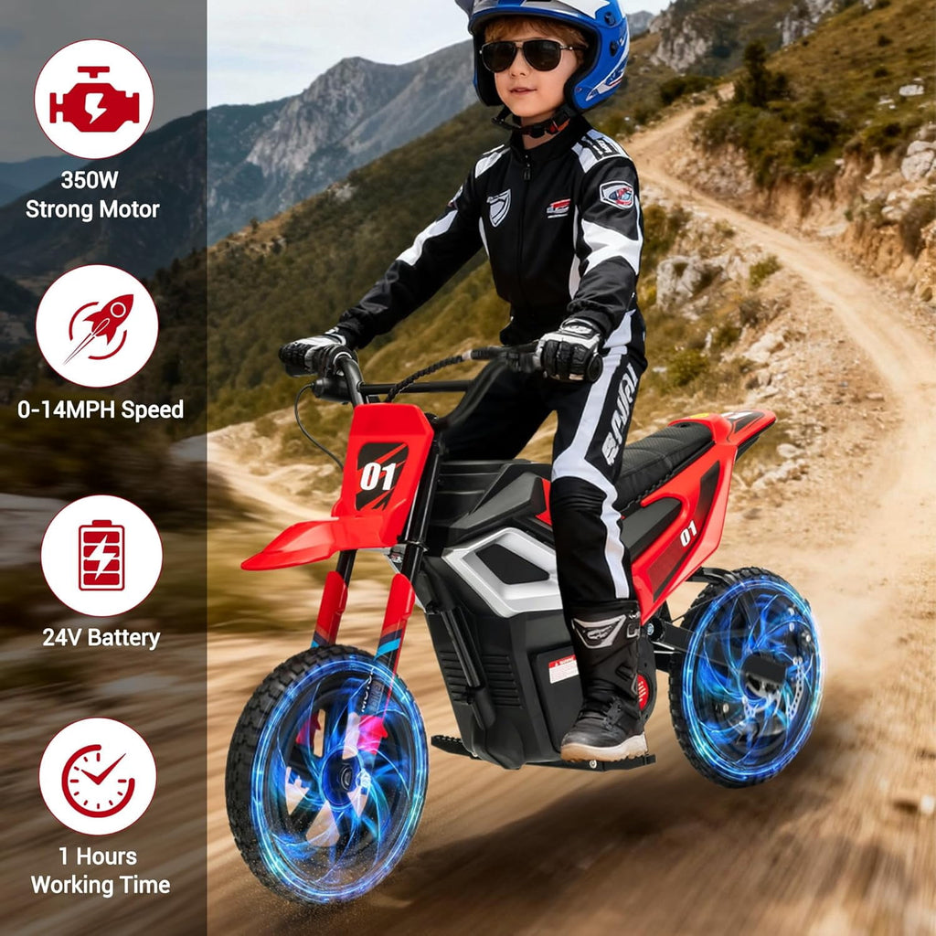 24V Electric Dirt Bike, 350W Ride-On Motorcycle with Rear Suspension, Twist-Grip Throttle, 12-Inch Rubber Tires, 13.67 MPH, 132 Lbs