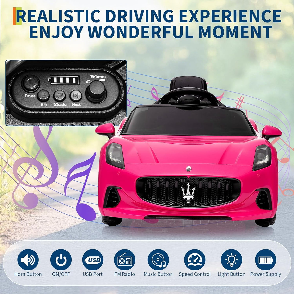 12V Licensed Maserati Ride-On Electric Car, Remote Control, 4.5Ah Battery, LED Lights, Spring Suspension, Double Doors, USB, FM Radio, 2-3 MPH